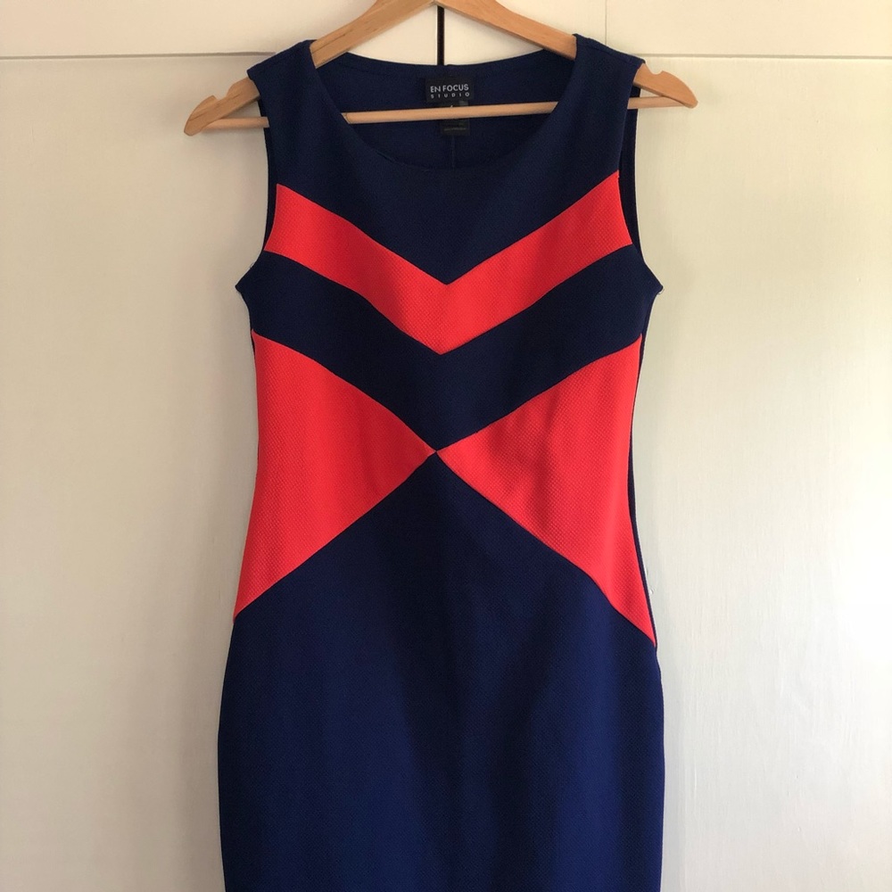 Navy and Red/salmon color block midi stretch dress